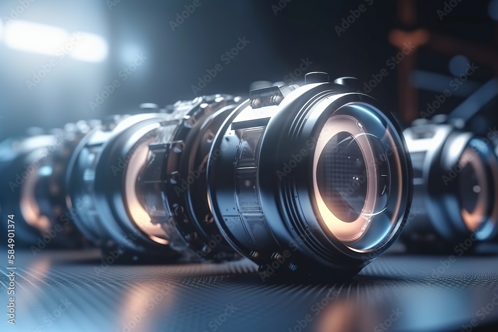 Poster a row of camera lens on a table in a dark room factory macro photography motion graphics generative 