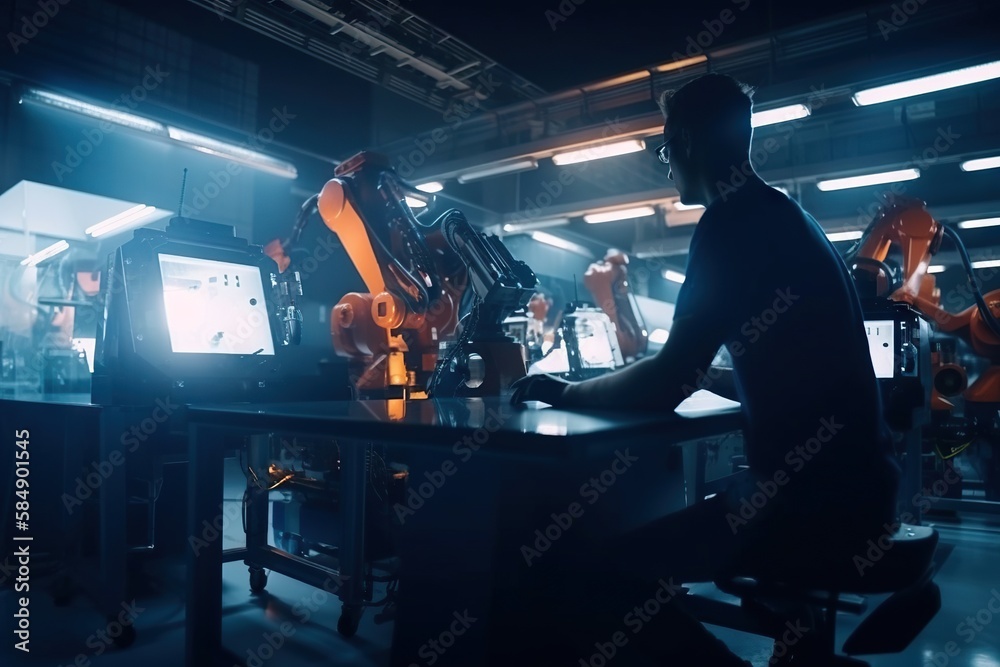 Poster A Man Sitting At A Desk In A Room With Robots On It Factory Animation Robotics Engineering Generative AI 