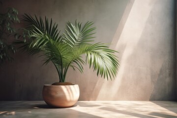 Simple product placement background with concrete wall palm shadow. Summer luxury interior design. Contemporary tropical mockup. Generative AI