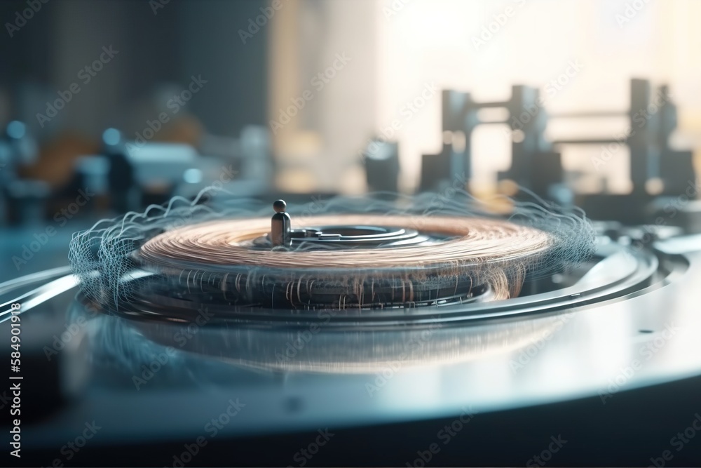 Poster a record player with a record in the middle of it and a blurry background tundra kinetic art motion 
