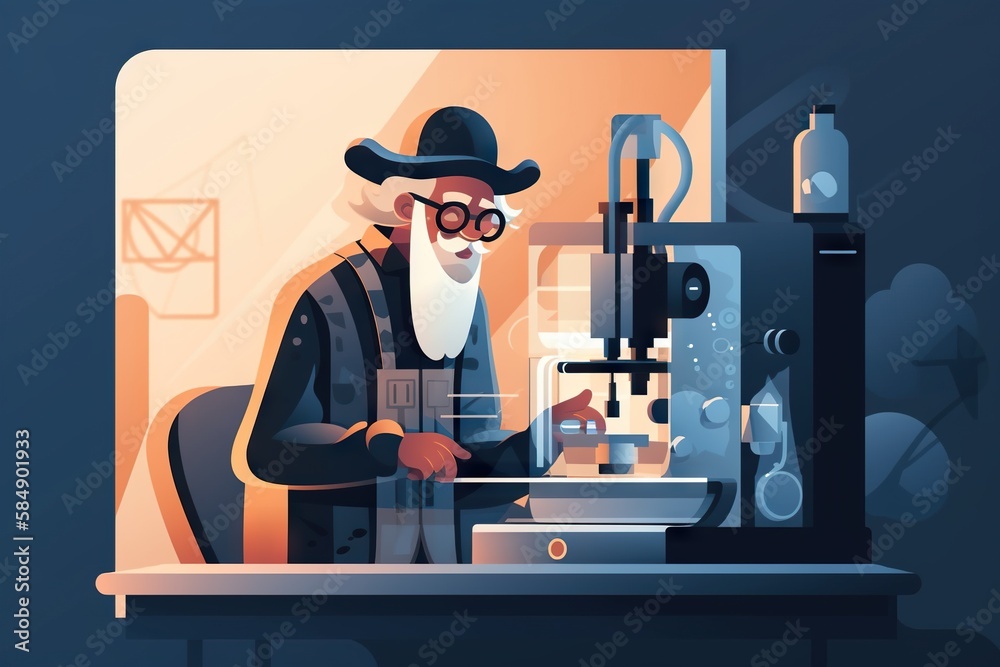 Poster a man in a hat and glasses working on a machine with a machine in the background workshop paper cutt