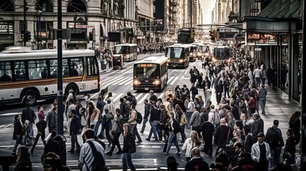 Bustling busy city street dynamic movement. Generative AI