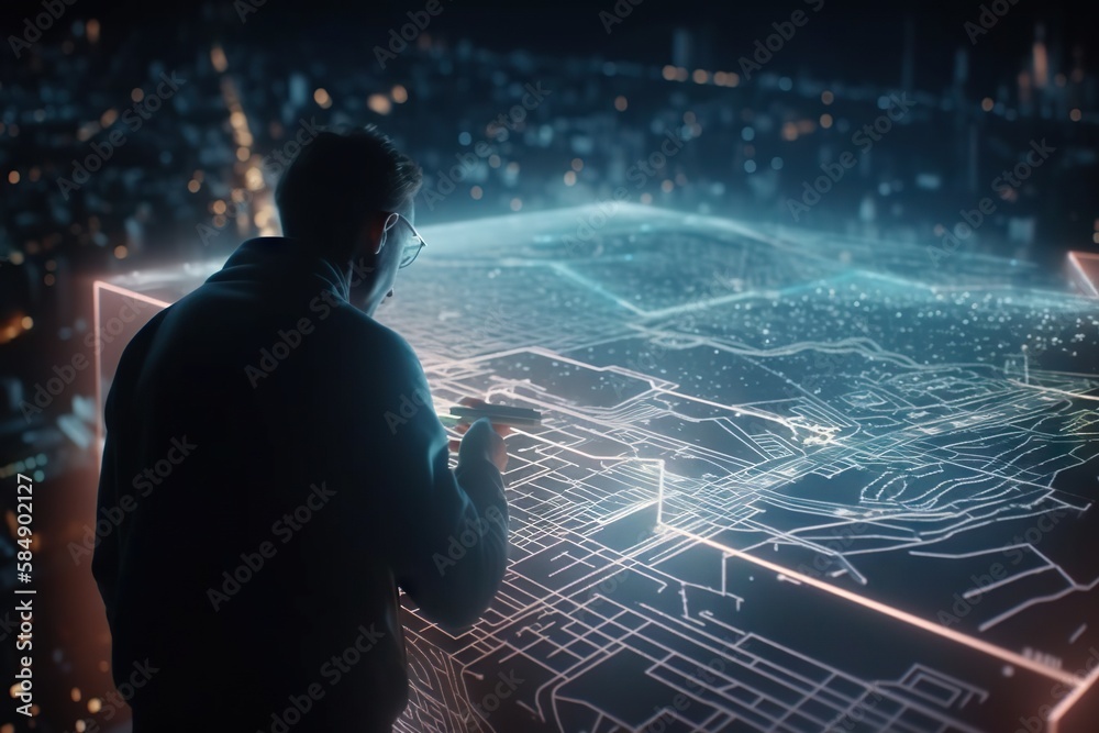 Poster a man standing in front of a city map using a cell phone construction site animation motion graphics