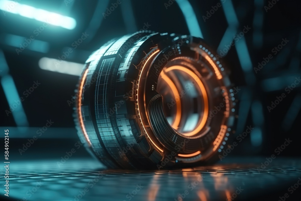 Poster a computer screen with a glowing lens on it's side factory animation motion graphics generative ai
