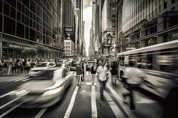 Bustling busy city street dynamic movement. Generative AI