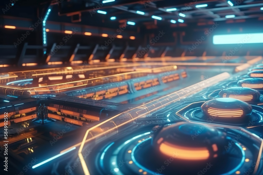 Poster a futuristic looking room with a lot of lights and a lot of round objects arcade animation motion gr