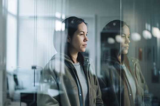 Lady looking through a window in a business office, generative AI
