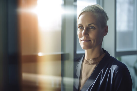 Businesswoman looking through a window in an office, generative AI