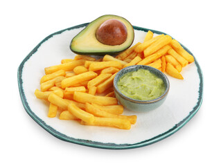 Plate with delicious french fries and avocado dip isolated on white