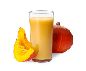 Glass with pumpkin juice and fresh vegetables on white background