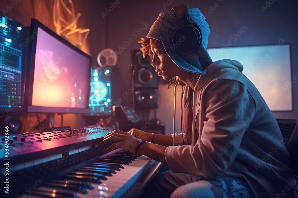 Poster a man sitting in front of a keyboard in a recording studio recording studio animation music producti