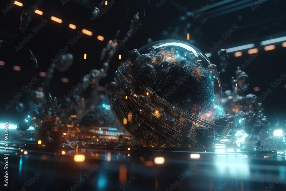 Poster A Futuristic Scene With A Large Sphere And Many Lights In The Background Factory Animation Motion Graphics Generative AI 