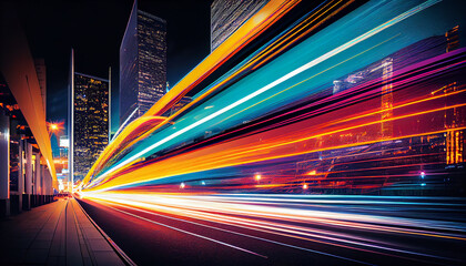 Naklejka na ściany i meble Night traffic speeds through the illuminated cityscape ,generative AI