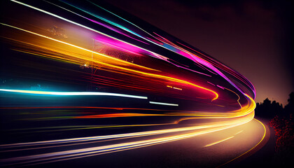 Night traffic with blurred motion multi colored backdrop, illuminated curve ,generative AI