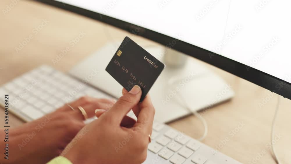 Sticker Woman hands, business credit card and computer for ecommerce, finance and accounting in office at night. Closeup worker, internet payment and online shopping of budget, fintech and investment banking