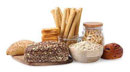 Different gluten free products on white background