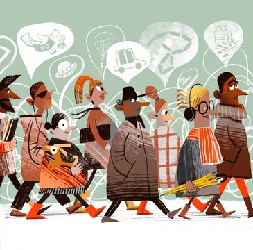 a crowd of  people with their  thoughts