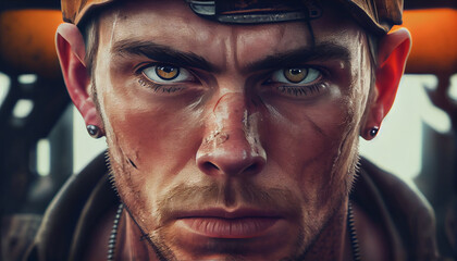 Confident young man stares, focus on determination ,generative AI