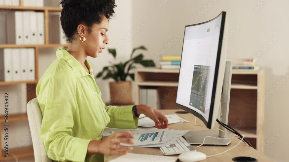 Aufkleber frustrated, office employee and computer working of a mixed race woman with data research. business,