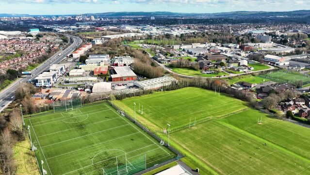Aerial Video of St Agnes GAC Naomh Una CLCG Woodlands Playing Fields GAA Hurling Gaelic football Club Pitch Belfast Northern Ireland