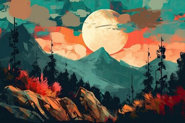 Gorgeous natural scenery mountains and colorful trees and colorful moon, simple art landscape, mountain wall art, abstract boho nature wall, excellent art to adorn your living room or workplace