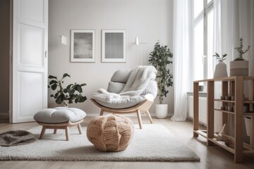 Scandinavian hygge living room. Carpeted lounge chair. Luxurious bright apartment interior design idea. Generative AI