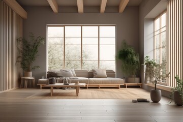 Blurred backdrop, stylish hardwood living and room. Fabric couch, parquet floor, window, and decors. Japanese interiors. Generative AI