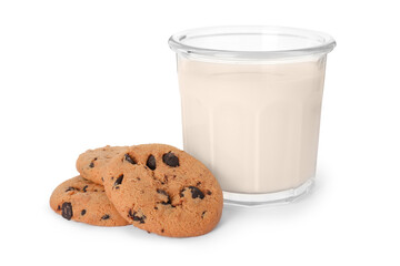 Delicious chocolate chip cookies and milk isolated on white