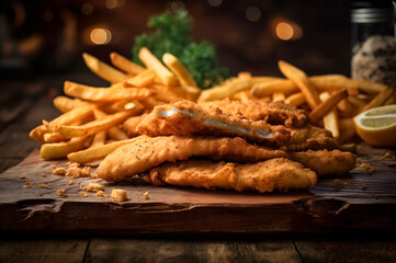 crispy fried fish strips with french fries on rustic wooden table. AI generated