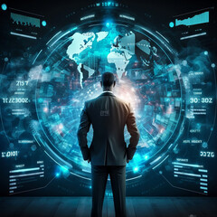 Obraz premium A stock image featuring a business team working in the Metaverse using a virtual dashboard interface to seamlessly navigate between the real and virtual worlds. The dashboard provides real-time data v