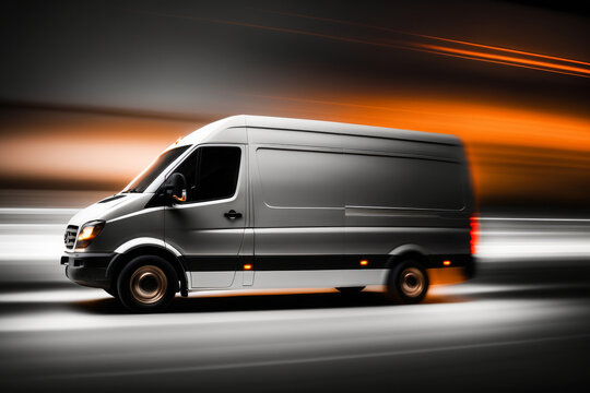 A delivery van with glowing lights and fast motion blur. Generative ai