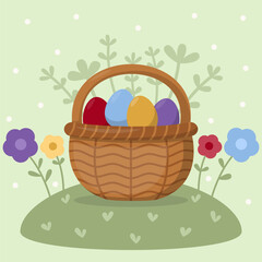 Basket with Easter eggs. Spring. Cartoon illustration. Easter egg. Vector