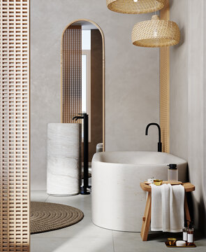 Modern bathroom interior with wooden furniture, stone bathtub