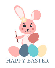 Cute Easter bunny with egg. Happy Easter. Cartoon illustration of a happy little rabbit holding an Easter egg. Vector illustration.