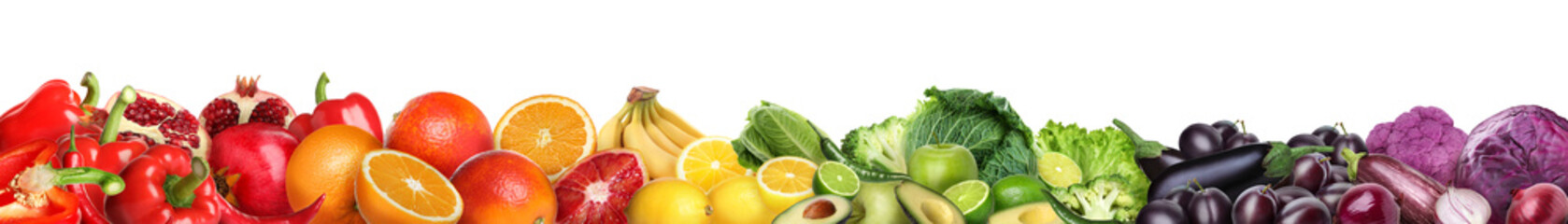 Many different fresh fruits and vegetables on white background. Banner design