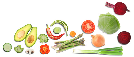 Collage with many vegetables and fruits on white background, top view