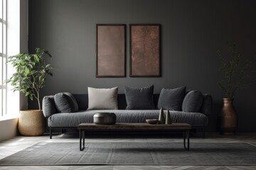 dark couch in minimalist living room, empty wall mockup, contemporary style,. Generative AI