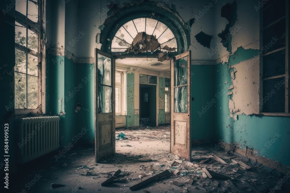 Poster a run down building with a broken door and broken windows and debris everywhere abandoned building c