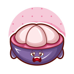 Cartoon illustration of mangosteen fruit with sad face
