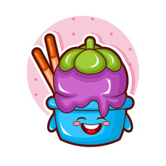Cartoon illustration of mangosteen ice cream with smile face