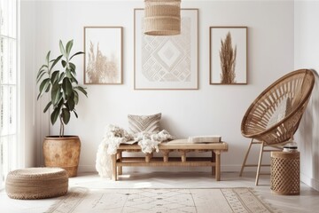Scandi Boho mockup frame in white room with natural wooden furnishings. Generative AI
