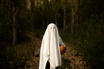 child hiding under a sheet on halloween