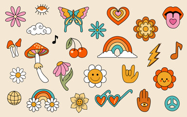 Big set of Retro 70s groovy elements, cute funky hippy stickers. Cartoon daisy flowers, mushrooms, peace sign, lips, rainbow, hippie collection. Positive hand drdawn vector isolated symbols.
