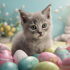 Fototapeta na wymiar cute grey sweet Baby tiger Cat in a easter room with painted easter eggs around the cat Generative AI