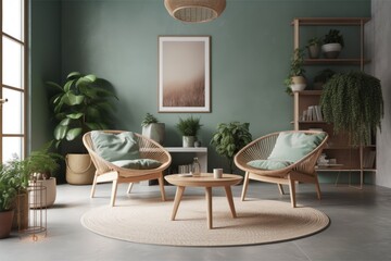 Scandinavian interiors. Terrace and living room. Rattan chairs, green wall plants, stone floor. Banner. Generative AI