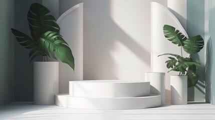 Experience the Ultimate in Beauty Presentation with our 3D Rendered White Podium - Featuring Natural Green Leaves, Twigs, and Foliage Shadows to Showcase Your Whitening Skincare Products