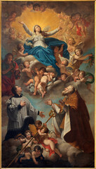 Fototapeta na wymiar GENOVA, ITALY - MARCH 6, 2023: The painting of Virgin Mary among the saints in the church Chiesa di Santa Croce e San Camillo.
