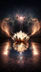 Eine Pfirsich-Lotus, geformt durch glitzernde Partikeleffekte in der Mitte eines Sees