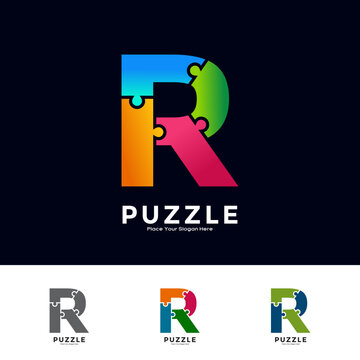 Abstract letter R puzzle pieces colorful vector logo template. Suitable for business, education, game, sticker and template