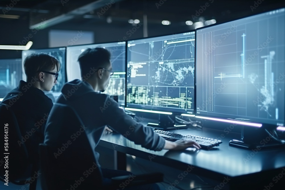 Poster two men sitting at a desk with a computer screen and a keyboard conference room graphic design cyber